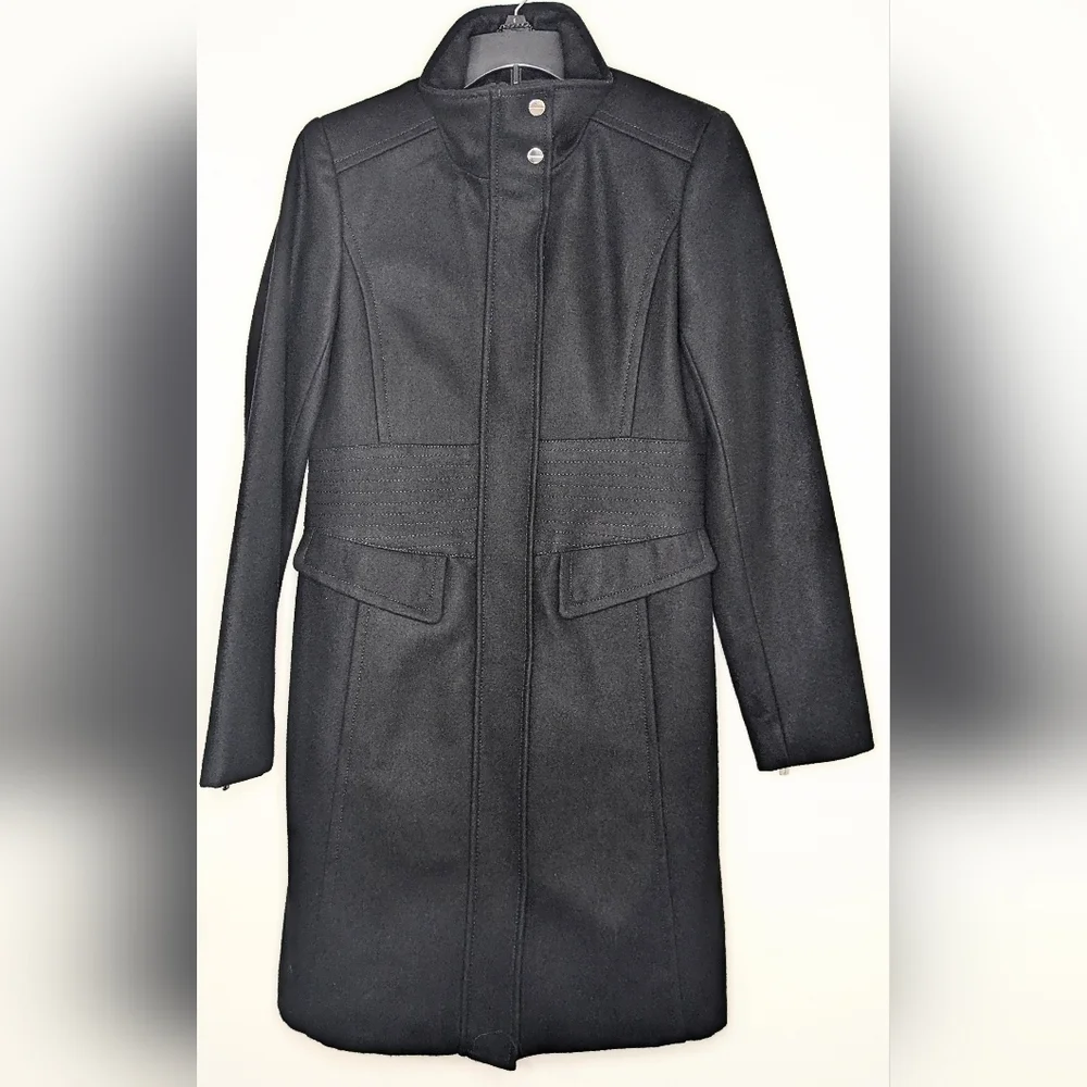 Stunning Kenneth Cole NY Black Stand Collar Wool Blend Walker Coat - Picture 2 of 11